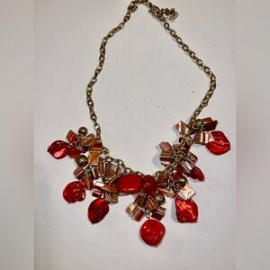 Red Statement Necklace Chunky Beads Gold Chain Costume Jewelry‎